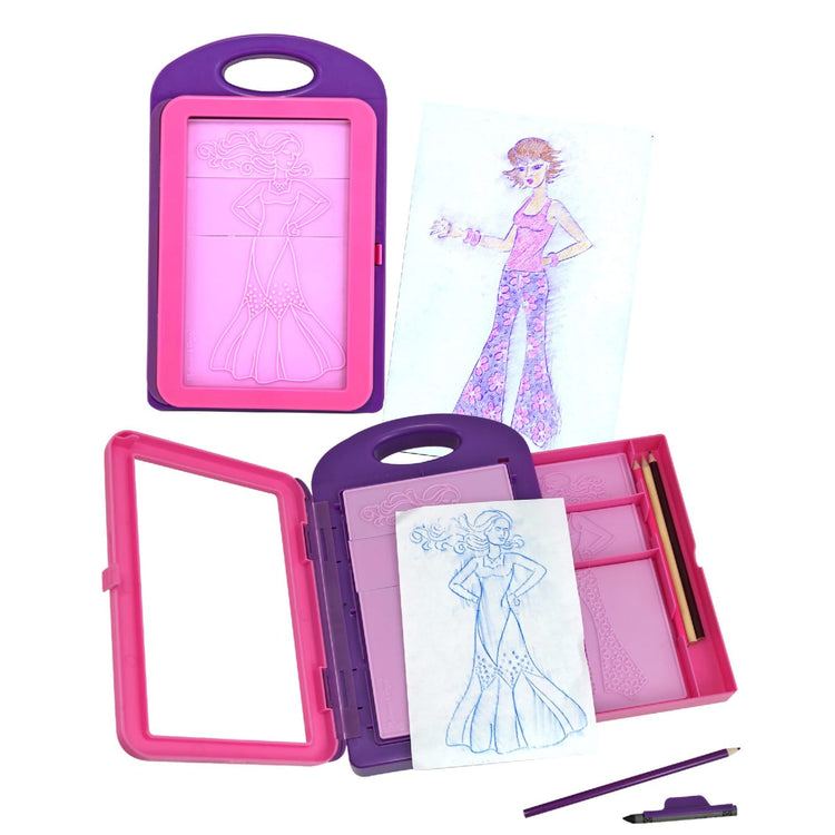 The loose pieces of the Melissa & Doug Fashion Design Art Activity Kit - 9 Double-Sided Rubbing Plates, 4 Pencils, Crayon