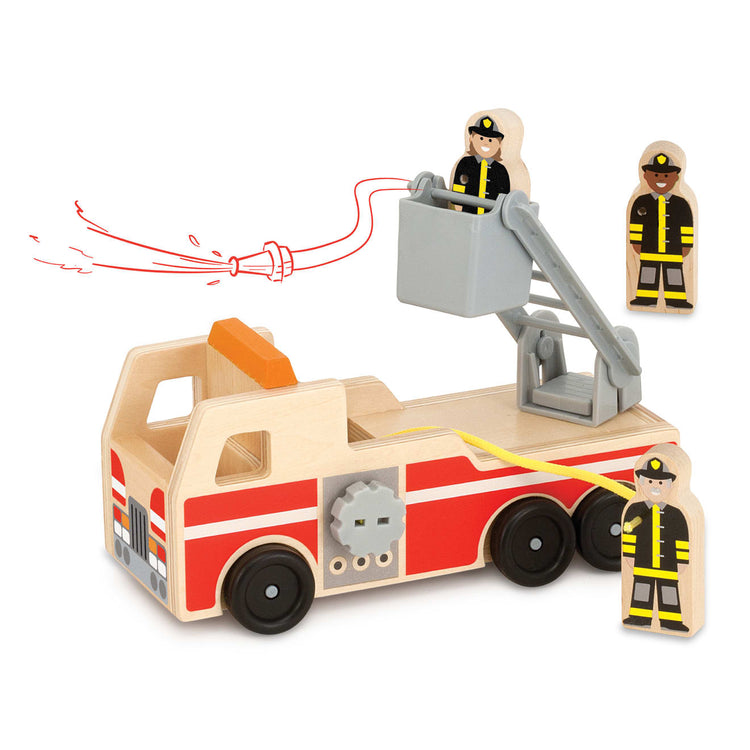 The loose pieces of the Melissa & Doug Wooden Fire Truck With 3 Firefighter Play Figures