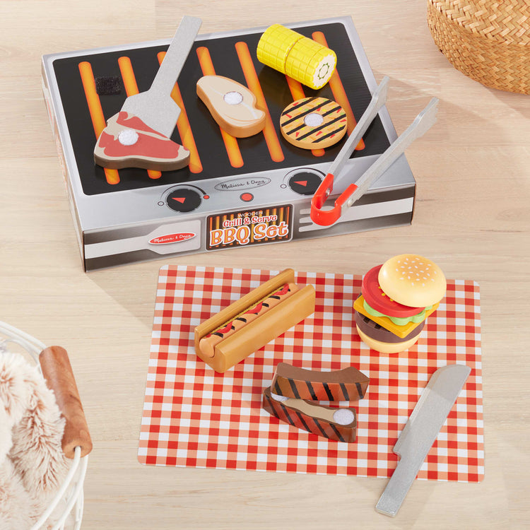 the Melissa & Doug Grill and Serve BBQ Set (20 pcs) - Wooden Play Food and Accessories