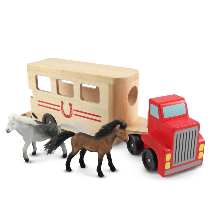 the Melissa & Doug Horse Carrier Wooden Vehicle Play Set With 2 Flocked Horses and Pull-Down Ramp