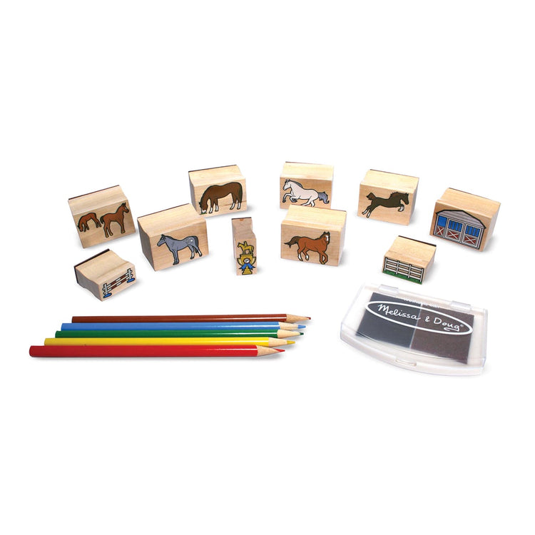 The loose pieces of the Melissa & Doug Wooden Stamp Activity Set: Horses - 10 Stamps, 5 Colored Pencils, 2-Color Stamp Pad