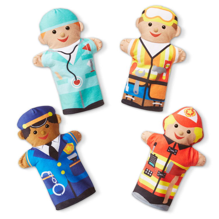 the Melissa & Doug Jolly Helpers Hand Puppets (Set of 4) - Construction Worker, Doctor, Police Officer, and Firefighter