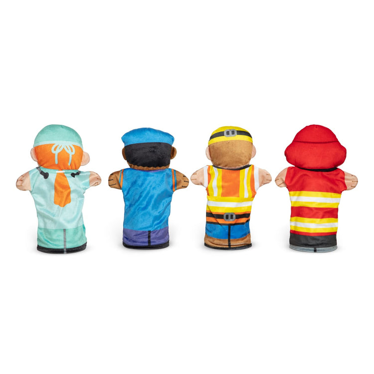 The loose pieces of the Melissa & Doug Jolly Helpers Hand Puppets (Set of 4) - Construction Worker, Doctor, Police Officer, and Firefighter