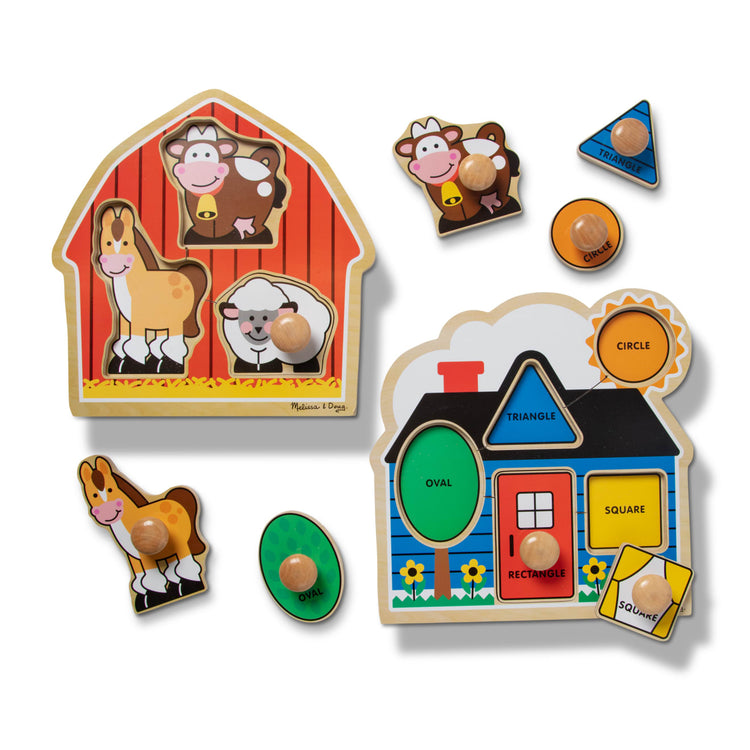 A kid playing with the Melissa & Doug Jumbo Knob Wooden Puzzles Set - Shapes and Barn