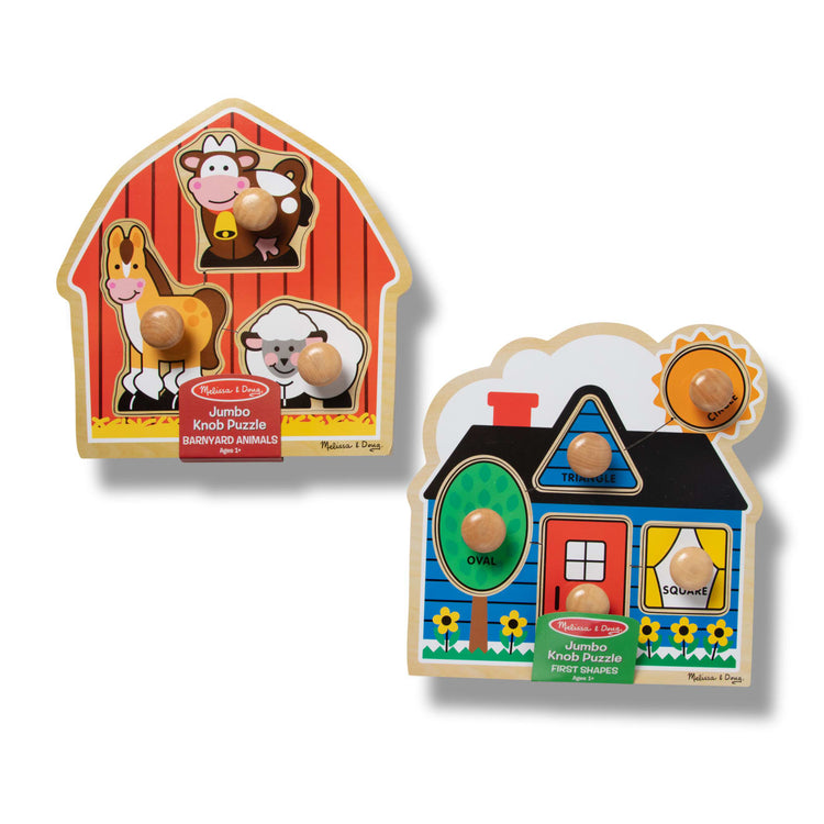 A kid playing with the Melissa & Doug Jumbo Knob Wooden Puzzles Set - Shapes and Barn