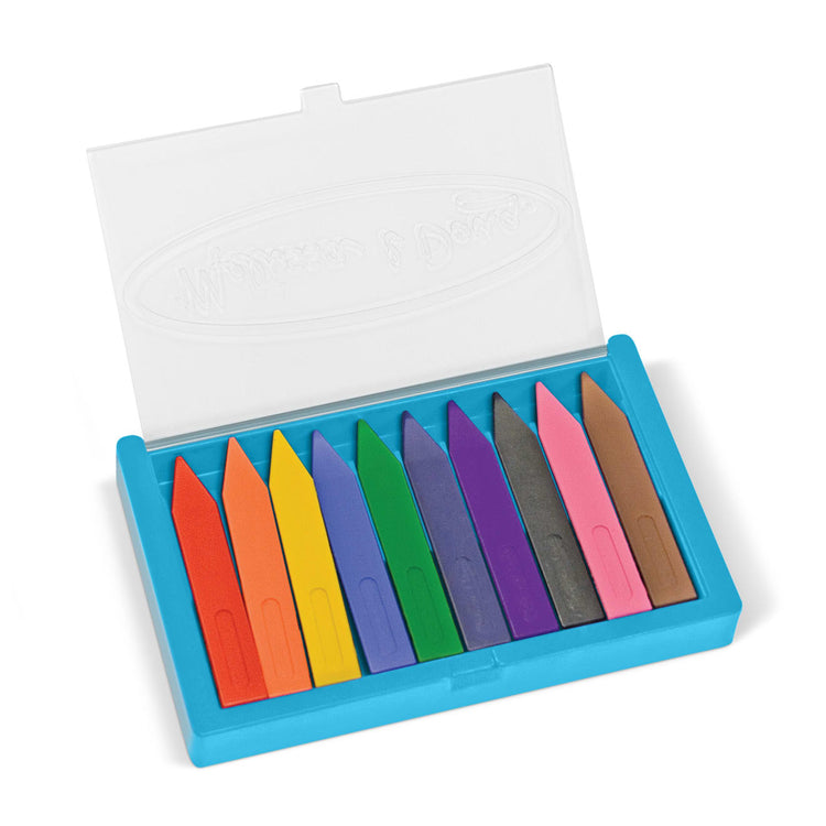 The loose pieces of the Melissa & Doug Jumbo Triangular Crayons - 10-Pack, Non-Roll, Flip-Top Case