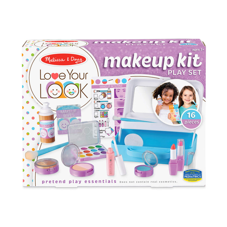 The front of the box for the Melissa & Doug Love Your Look Pretend Makeup Kit Play Set – 16 Pieces for Mess-Free Pretend Makeup Play (DOES NOT CONTAIN REAL COSMETICS)