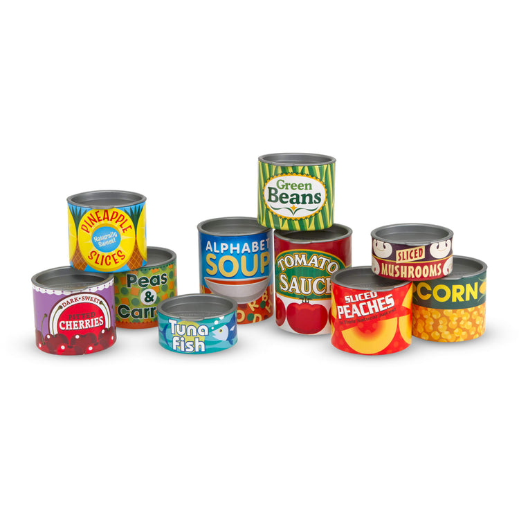 The loose pieces of the Melissa & Doug Let's Play House! Grocery Cans Play Food Kitchen Accessory - 10 Stackable Cans With Removable Lids