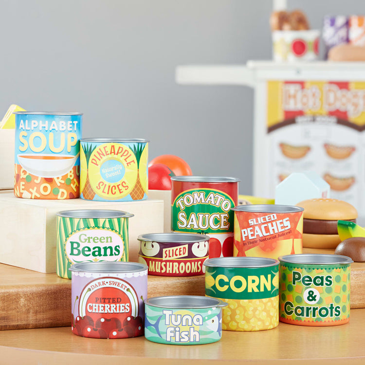 the Melissa & Doug Let's Play House! Grocery Cans Play Food Kitchen Accessory - 10 Stackable Cans With Removable Lids