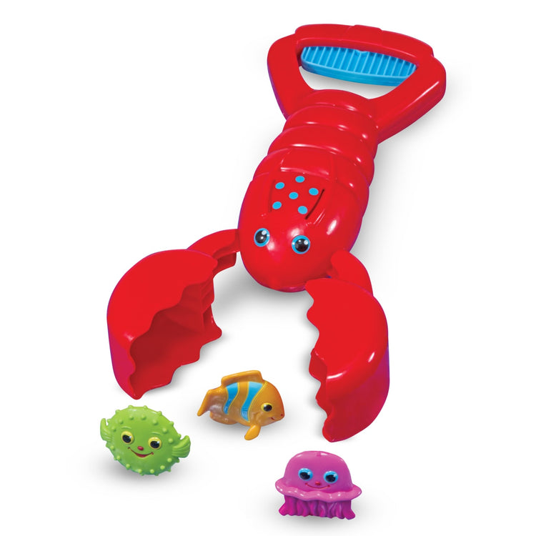 The loose pieces of the Melissa & Doug Sunny Patch Louie Lobster Claw Catcher - Grab-and-Squeeze Pool Toy