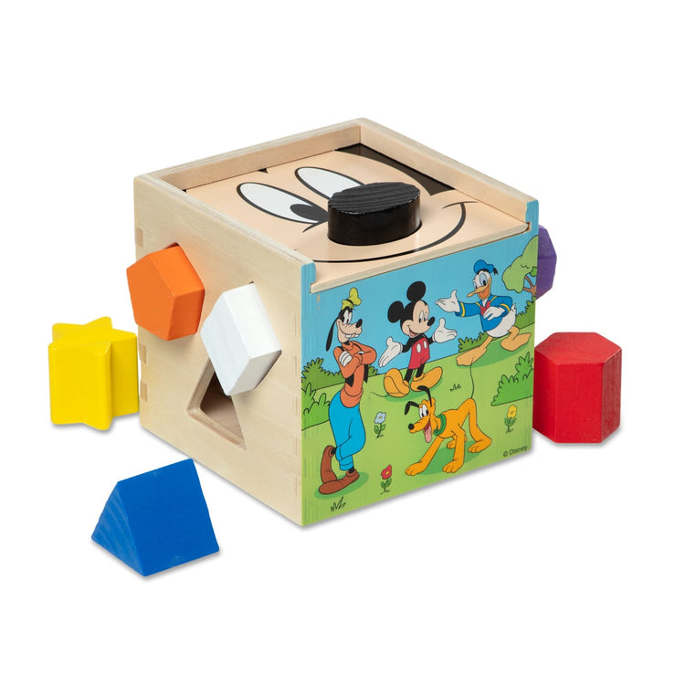 The loose pieces of the Mickey Mouse & Friends Wooden Shape Sorting Cube