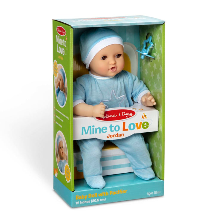 the Melissa & Doug Mine to Love Jordan 12” Light Skin-Tone Boy Baby Doll with Romper, Cap, Pacifier