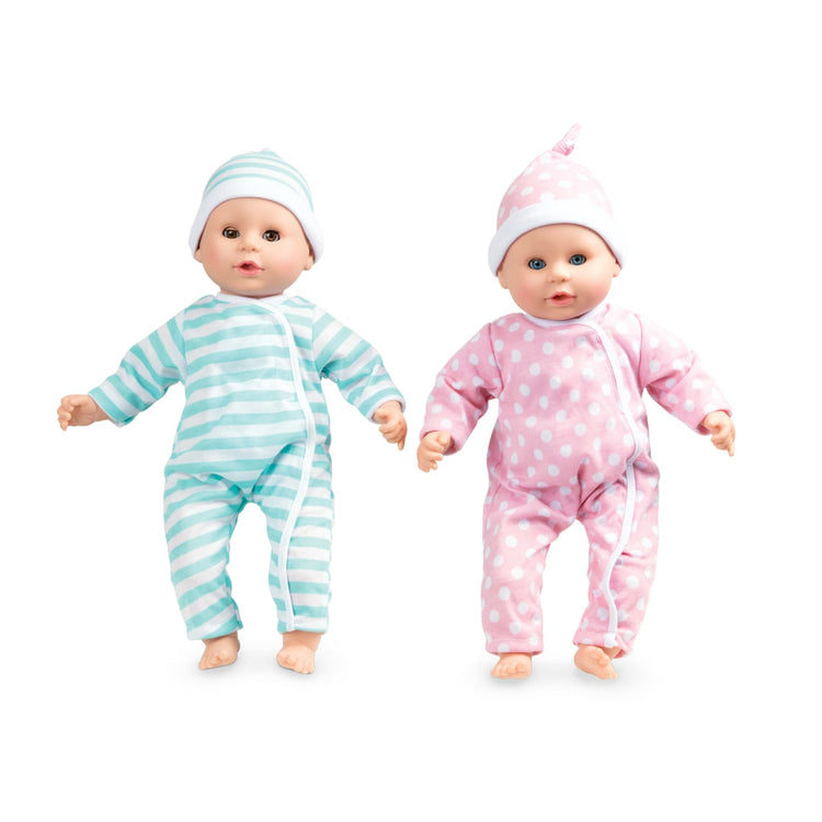 The loose pieces of the Melissa & Doug Mine to Love Twins Luke & Lucy 15” Light Skin-Tone Boy and Girl Baby Dolls with Rompers, Caps, Pacifiers