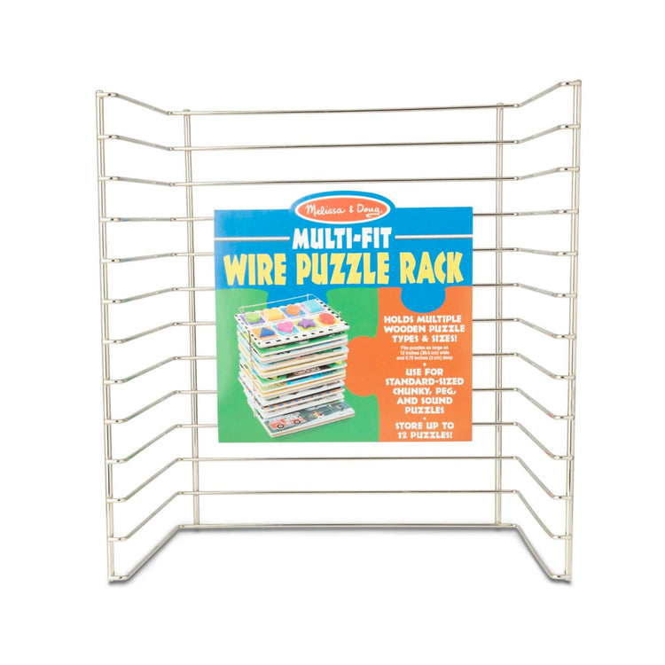 The front of the box for the Melissa & Doug Multi-Fit Metal Wire Puzzle Rack For Up To a Dozen 12-Inch-Wide, 0.75-Inch Deep Wooden Puzzles