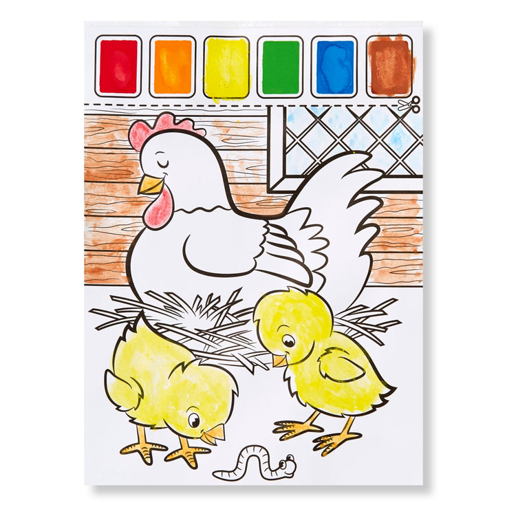 The front of the box for the Melissa & Doug Paint With Water - Farm Animals, 20 Perforated Pages, Spillproof Palettes