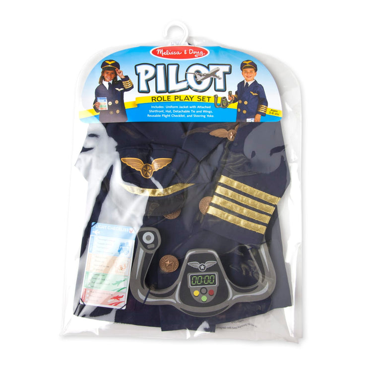 the Melissa & Doug Pilot Costume Role Play Set (6 pcs) - Jacket, Tie, Hat, Wings, Steering Yoke, Checklist