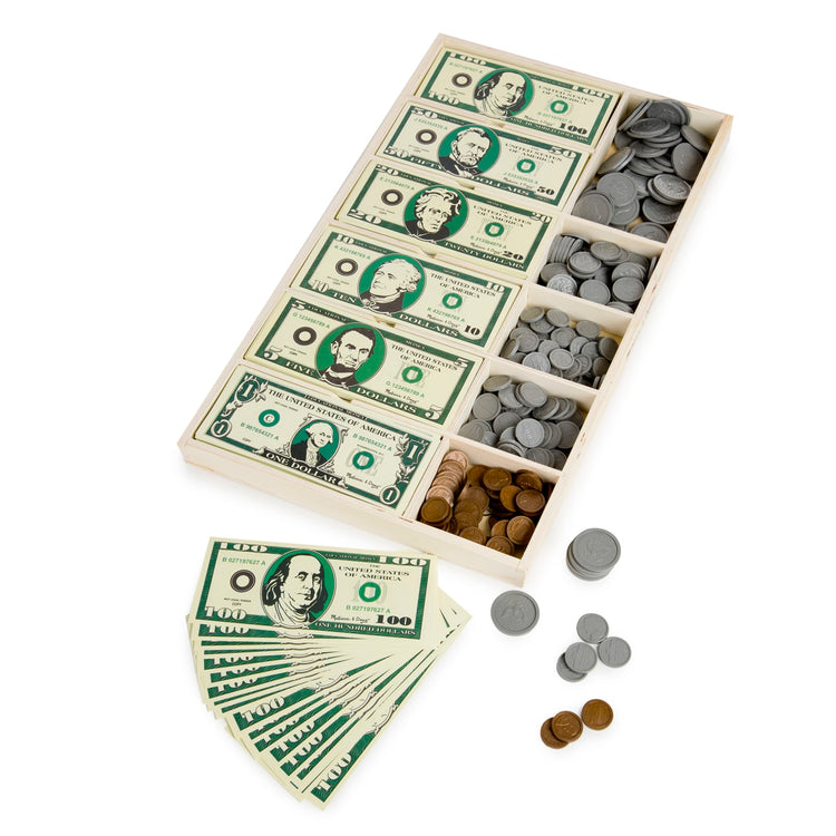 The loose pieces of the Melissa & Doug Play Money Set - Educational Toy With Paper Bills and Plastic Coins (50 of Each Denomination) and Wooden Cash Drawer for Storage