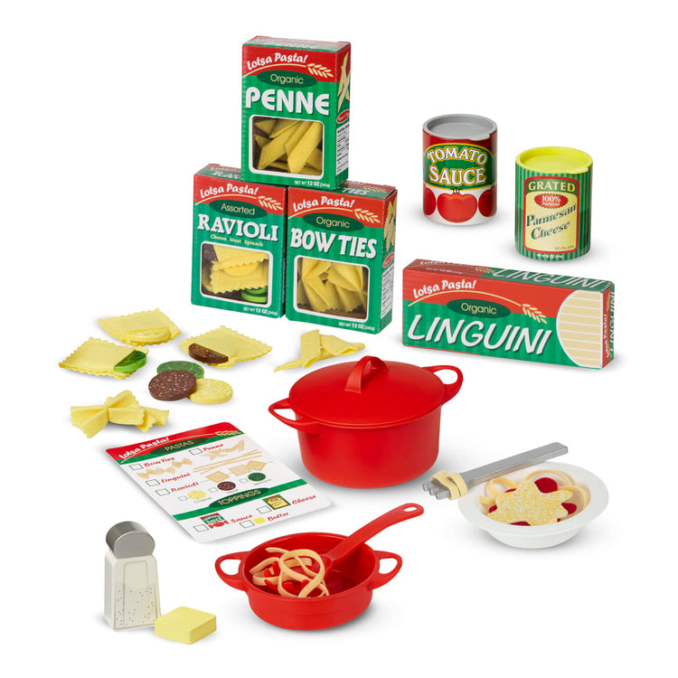 The loose pieces of the Melissa & Doug Prepare & Serve Pasta Play Food Set - 55 Pieces