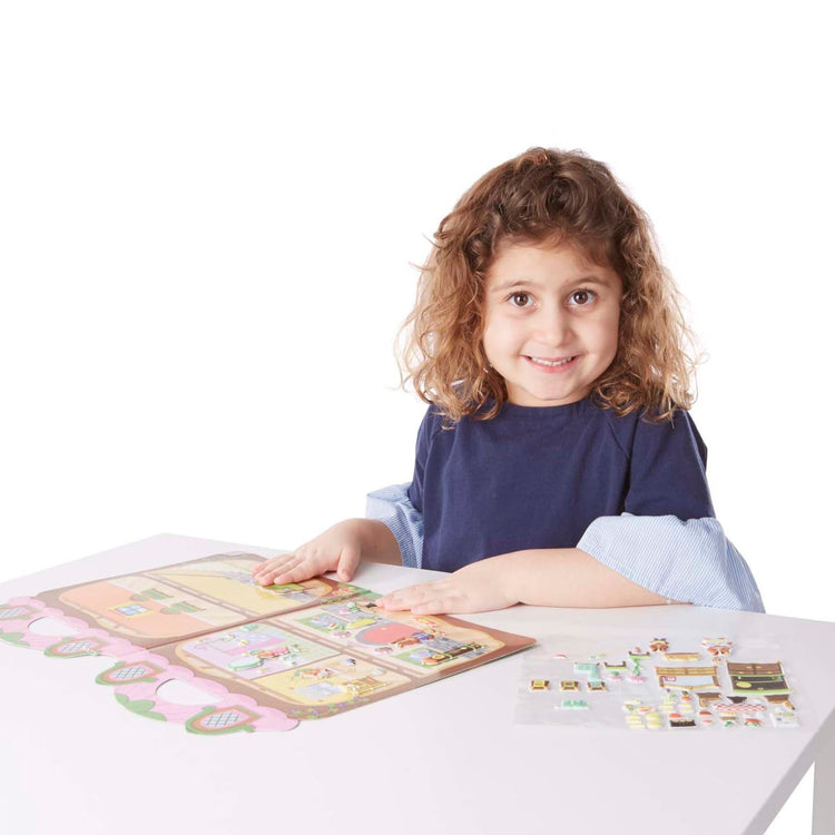 A child on white background with the Melissa & Doug Puffy Sticker Activity Book: Chipmunk House - Safari