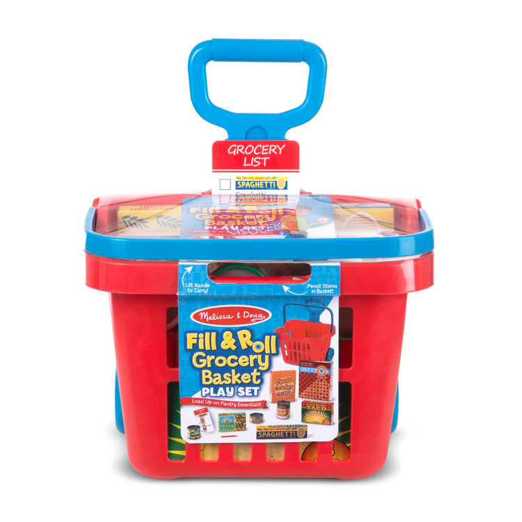 the Melissa & Doug Fill and Roll Grocery Basket Play Set With Play Food Boxes and Cans (11 pcs)