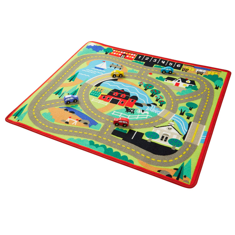 the Melissa & Doug Round the Town Road Rug and Car Activity Play Set With 4 Wooden Cars (39 x 36 inches)