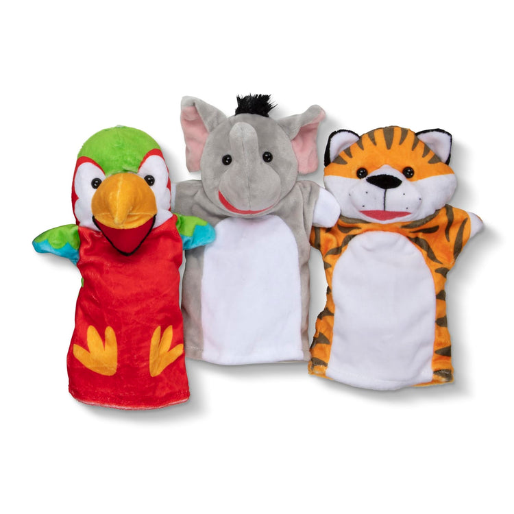 The loose pieces of the Melissa & Doug Safari Buddies Hand Puppets, Set of 6 (Elephant, Tiger, Parrot, Giraffe, Monkey, Zebra)