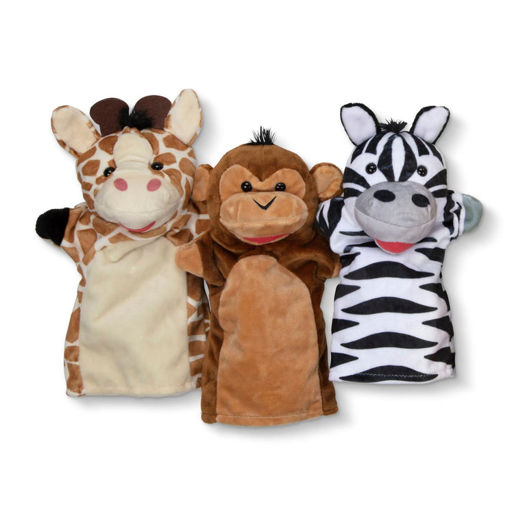 The loose pieces of the Melissa & Doug Safari Buddies Hand Puppets, Set of 6 (Elephant, Tiger, Parrot, Giraffe, Monkey, Zebra)