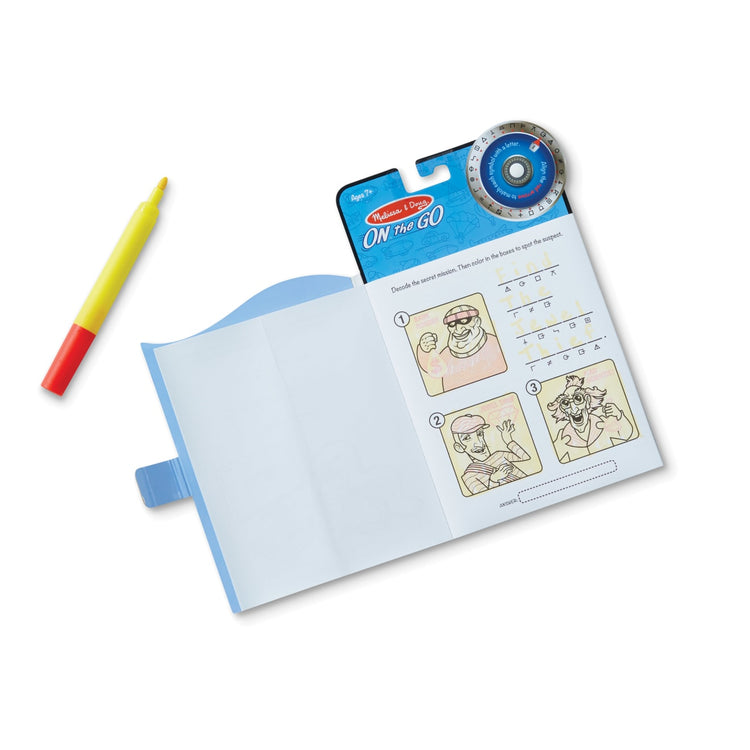 The front of the box for the Melissa & Doug On the Go Spy Mystery Secret Decoder Book With Decoder Wheel and Magic-Reveal Pen