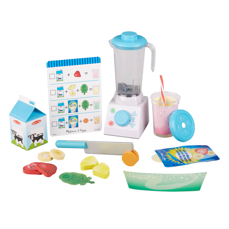 The loose pieces of the Melissa & Doug Smoothie Maker Blender Set with Play Food (222 Pcs)