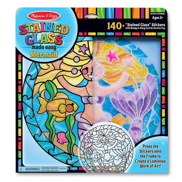 The front of the box for the Melissa & Doug Stained Glass Made Easy Activity Kit: Mermaids - 140+ Stickers