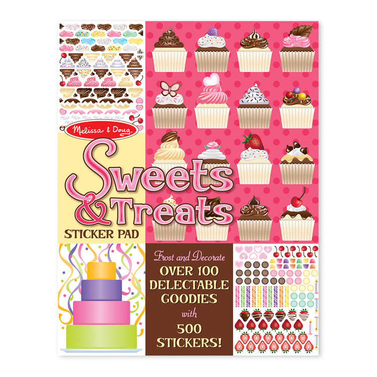 The front of the box for the Melissa & Doug Sweets and Treats Sticker Pad - 500 Stickers, 16 Backgrounds