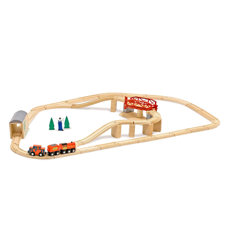 The loose pieces of the Melissa & Doug Swivel Bridge Wooden Train Set (47 pcs)