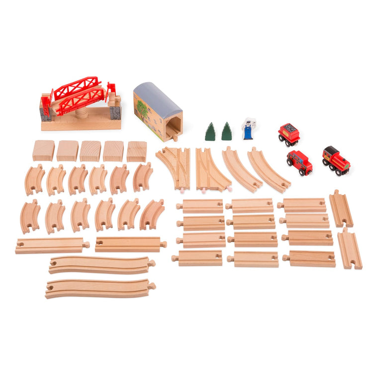 The loose pieces of the Melissa & Doug Swivel Bridge Wooden Train Set (47 pcs)