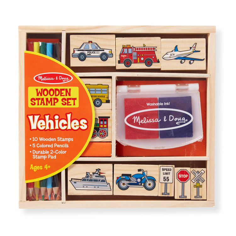 The front of the box for the Melissa & Doug Wooden Stamp Set: Vehicles - 10 Stamps, 5 Colored Pencils, 2-Color Stamp Pad