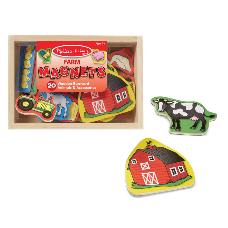 The loose pieces of the Melissa & Doug 20 Wooden Farm Magnets in a Box