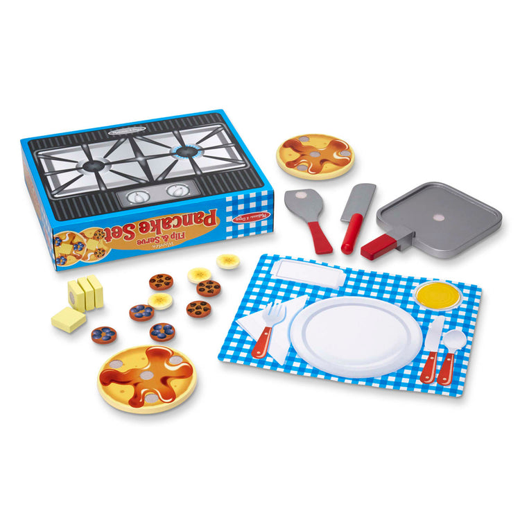 The loose pieces of the Melissa & Doug Flip and Serve Pancake Set (19 pcs) - Wooden Breakfast Play Food