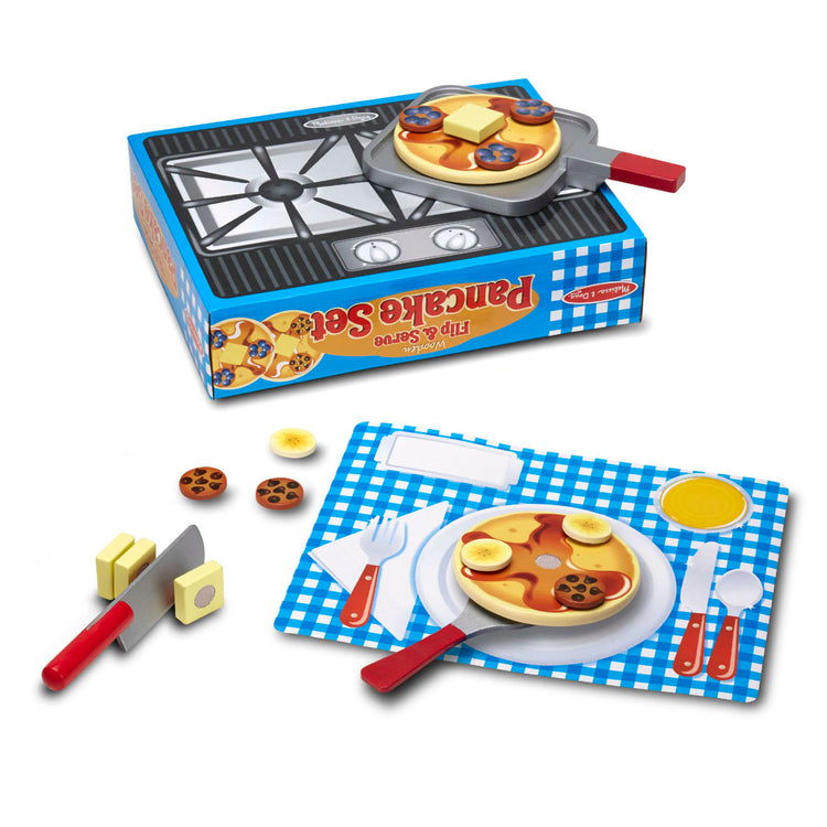 The loose pieces of the Melissa & Doug Flip and Serve Pancake Set (19 pcs) - Wooden Breakfast Play Food