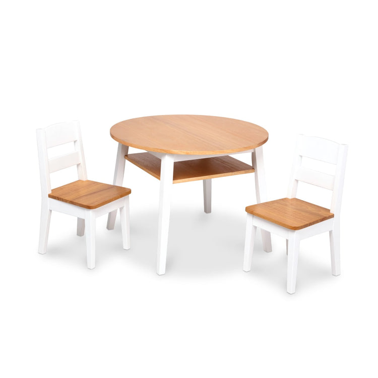 The loose pieces of the Melissa & Doug Wooden Round Table and 2 Chairs Set – Kids Furniture for Playroom, Light Woodgrain and White 2-Tone Finish